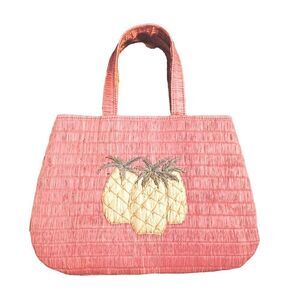 Original by Bienbag pink woven raffia handbag with pineapples motif silk lined